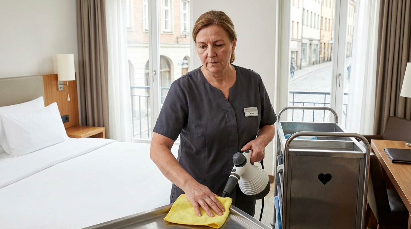 Hotelmitarbeiterin beim professionellen Zimmer reinigen