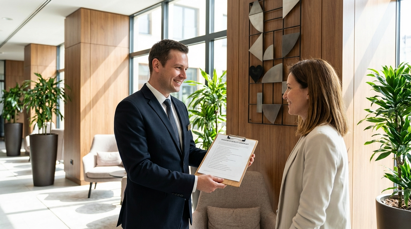 Hotelmanager zeigt Gast Hygieneprotokoll