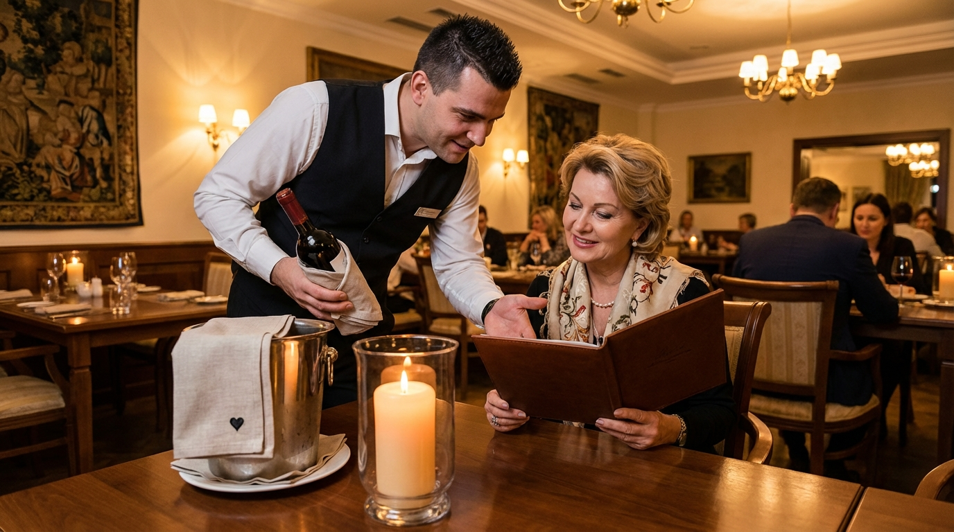 Kellner empfiehlt Weinbegleitung im Hotelrestaurant