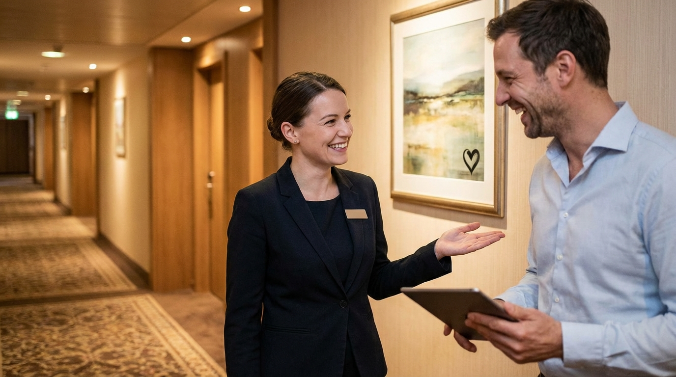 Hotelmitarbeiter im natürlichen Gespräch mit Gast