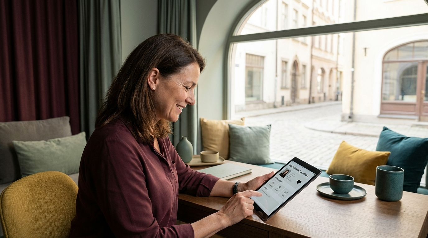 Hotelier arbeitet mit CRM-Gastprofil auf Tablet