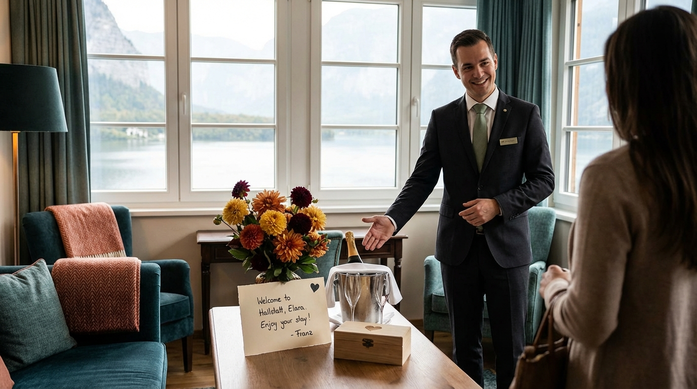 Personalisiertes Willkommen im Hotelzimmer mit Handnotiz und Champagner