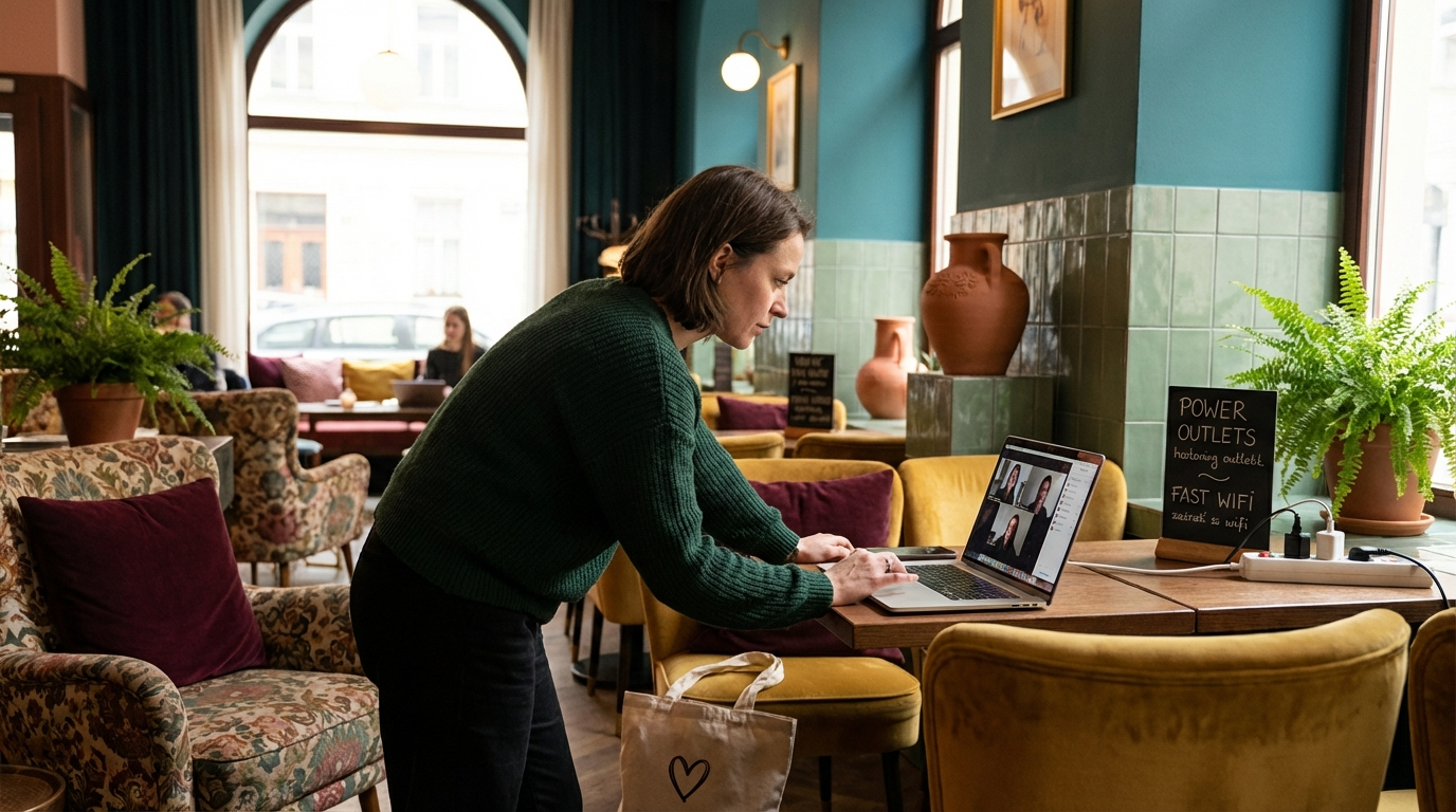 Remote Worker arbeitet im Hotel-Lobby