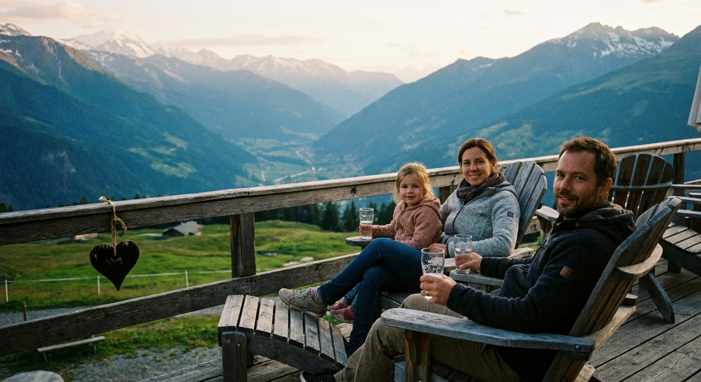 Familie erholt sich auf einer Berghotel-Terrasse